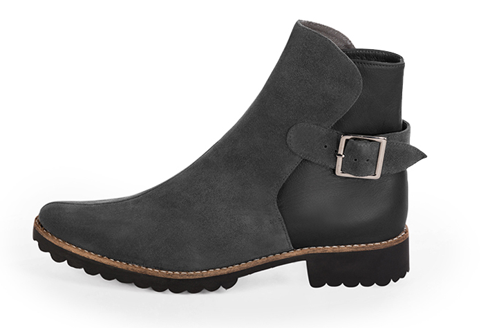 Dark grey women's ankle boots with buckles at the back. Round toe. Flat rubber soles. Profile view - Florence KOOIJMAN